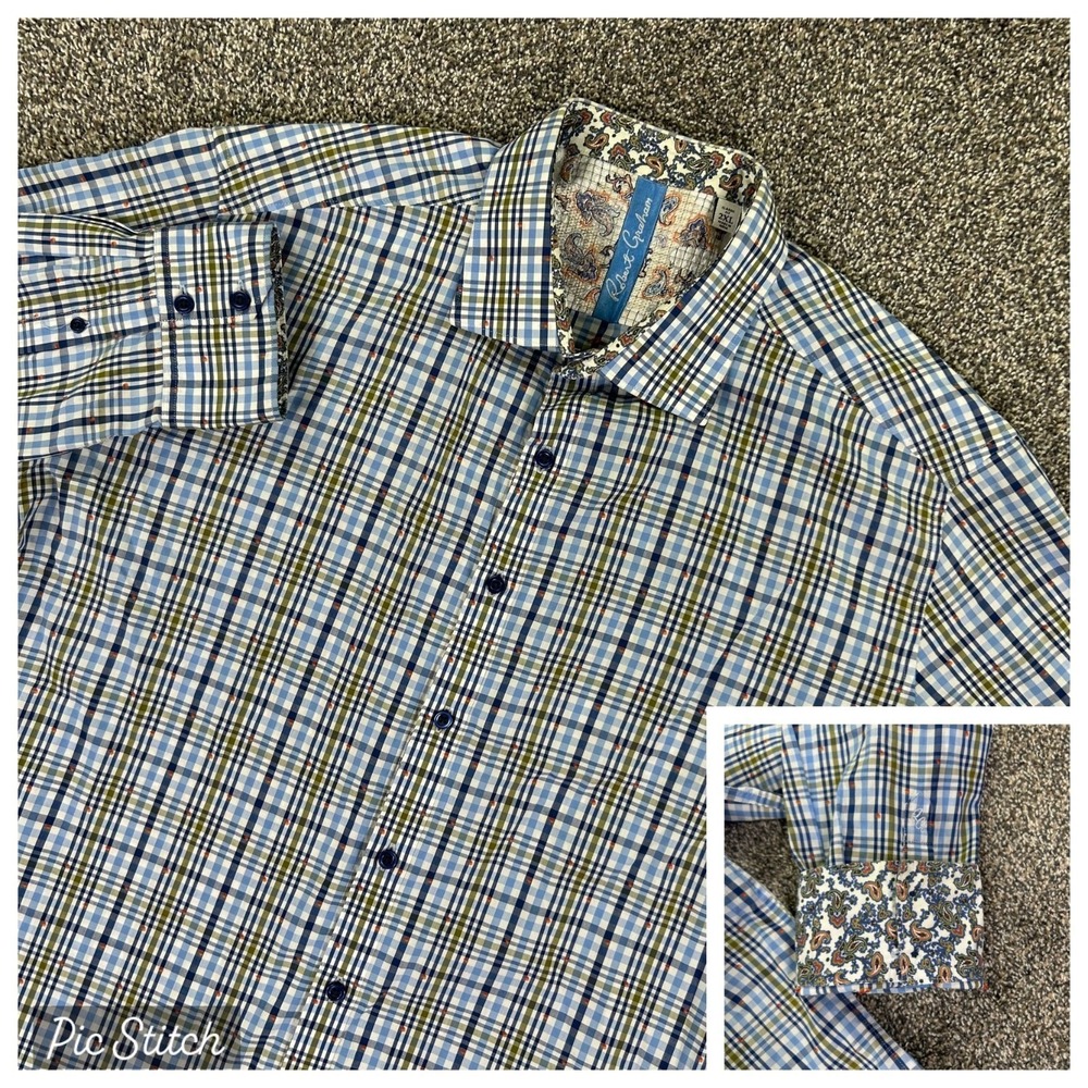 Robert‎ Graham Classic Long Sleeve Blue Green Plaid Shirt Mens 2XL Paisley Cuff